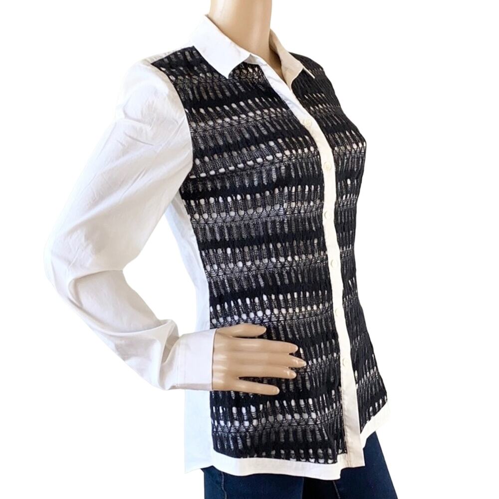 Lafayette 148 Women White Black Lace Long Sleeves Collared Button Front Blouse 6 - Picture 3 of 6